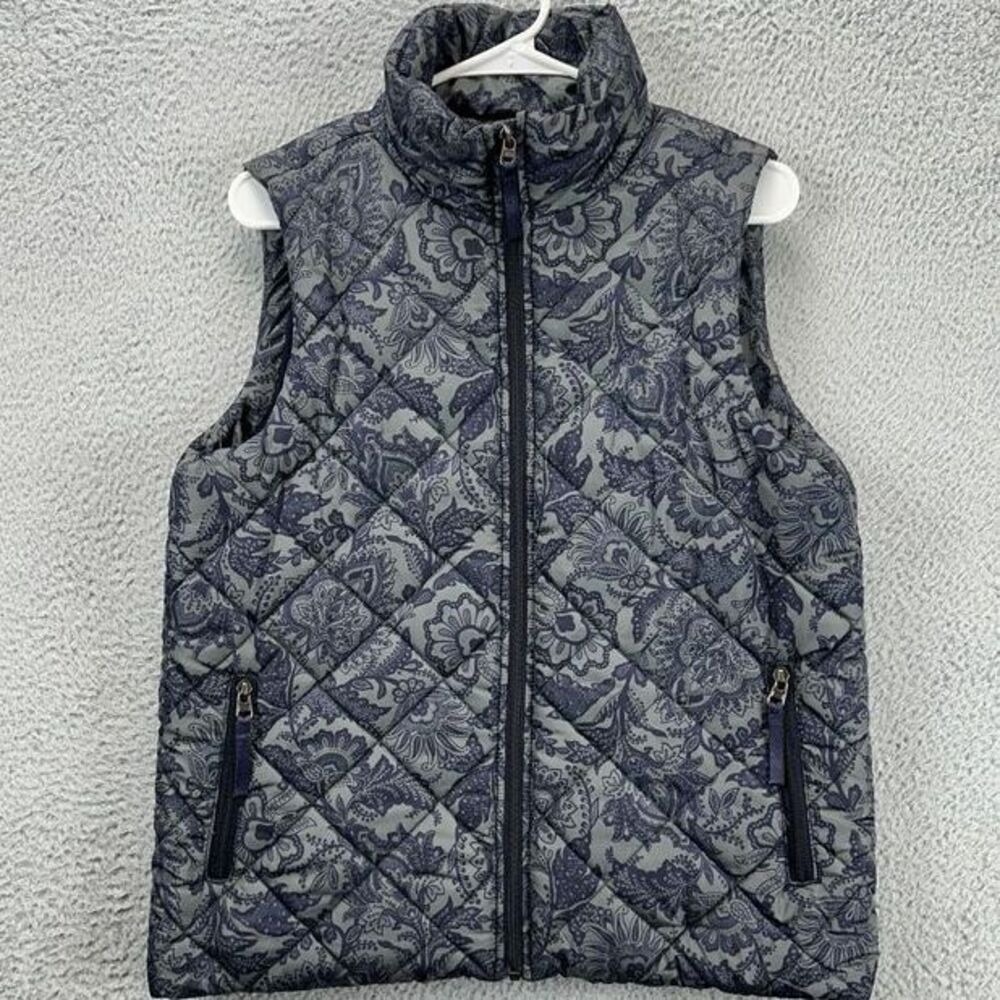 Vera Bradley Paisley Puffer Vest Womens Large Grey Quilted Fur Lined Full Zip